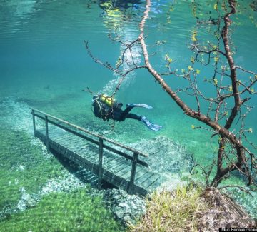 These photographs appear to show a spectacular underwater world making it ideal for scuba divers - in central Europe.  Twelve metres of water covers trees, footpaths, benches and bridges that are usually accessible throughout the year.Visitors to the Green Lake in Tragoess, Austria, that is normally only one metre deep, can leisurely stroll around the picturesque lagoon.  SEE OUR COPY FOR DETAILS.Pictured: A diver crossing a bridge in the flood water.Please byline: Marc Henauer/Solent News¬© Marc Henauer/Solent News & Photo AgencyUK +44 (0) 2380 458800